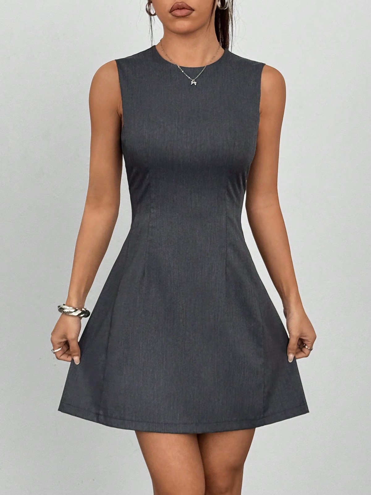 Vintage Ladies Sleeveless Dark Grey Mini Dress