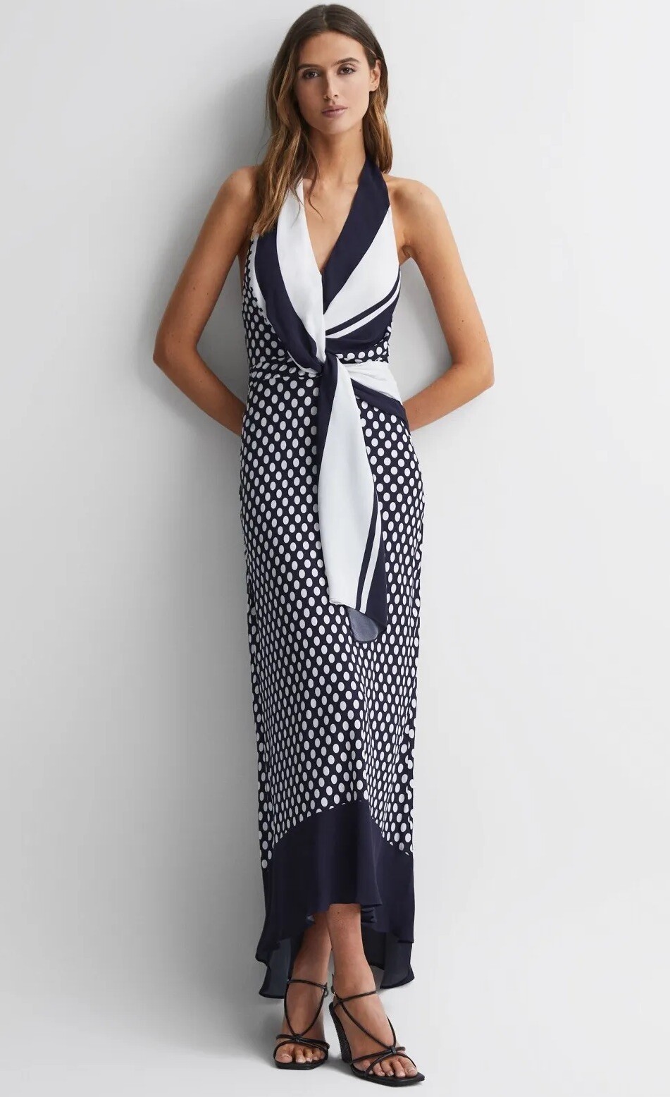 REISS AMELIA STRIPED WHITE POLKA DOT HALTER MAXI DRESS in NAVY BLUE