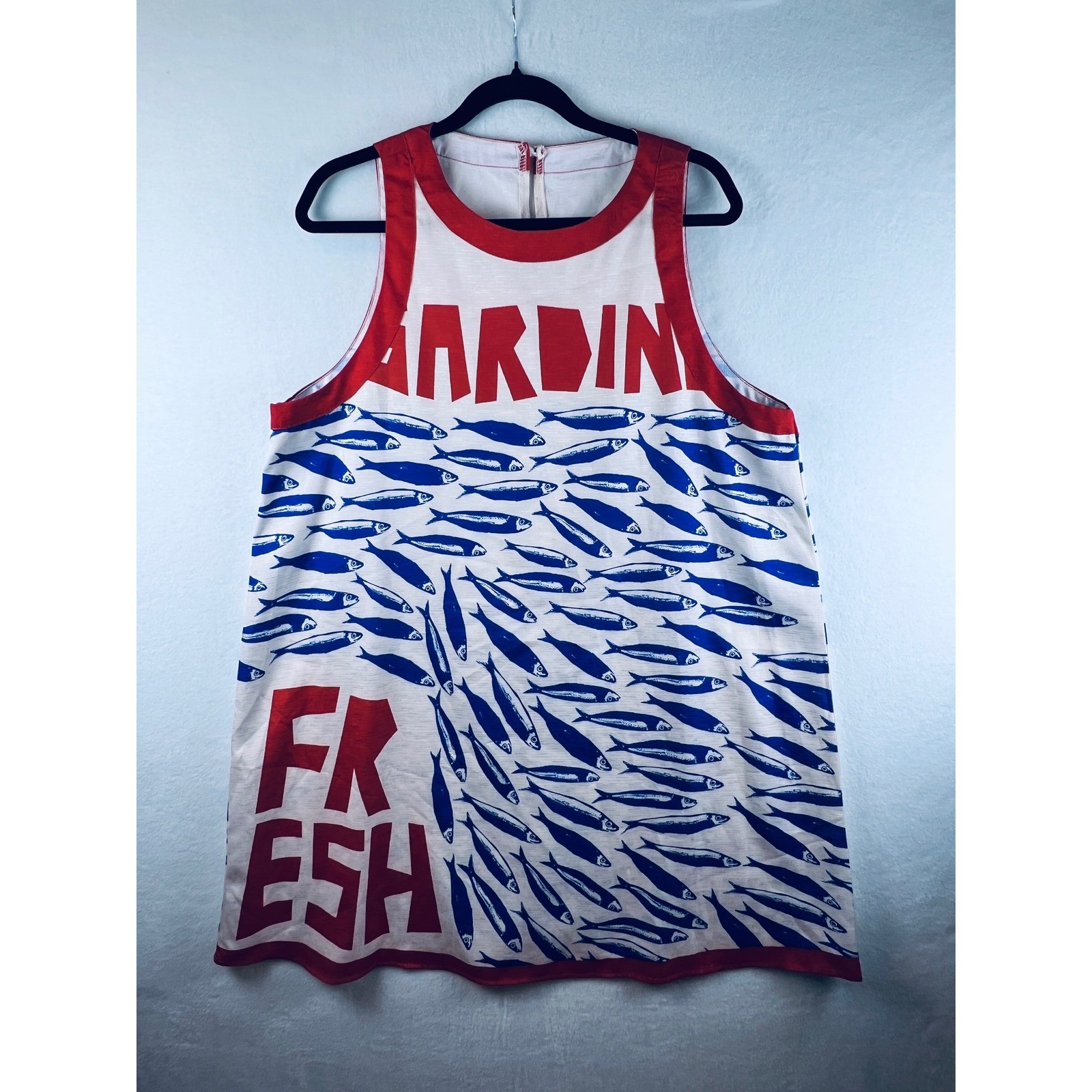 Sardine Fresh Fish Graphic Resort Print Sleeveless Mini Dress Red Blue White XXL