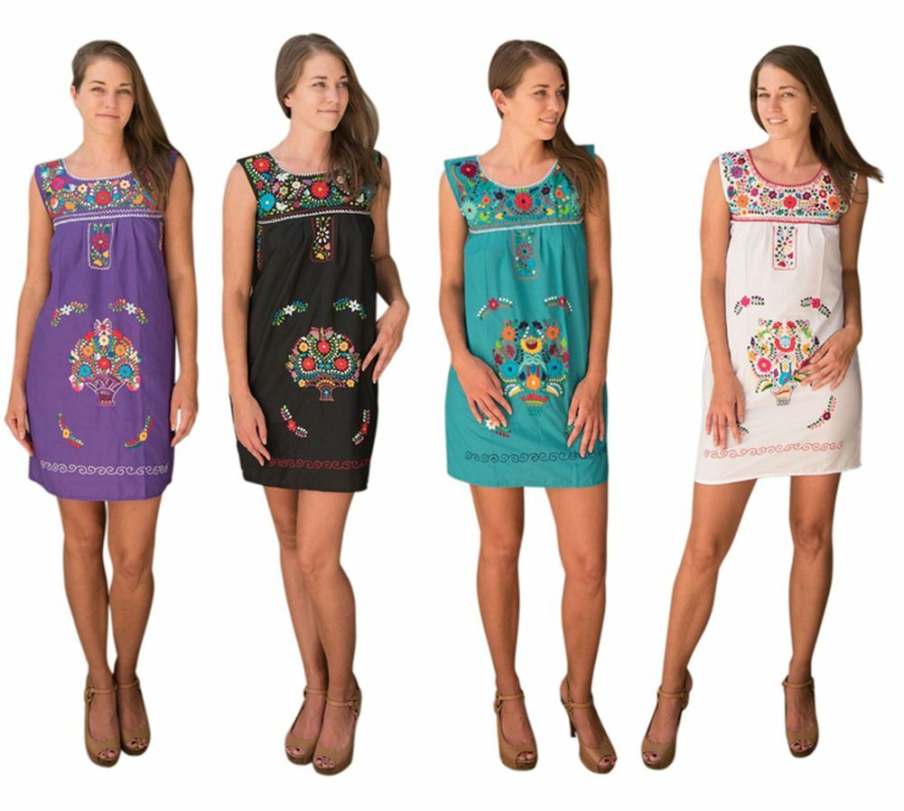 Any Color Hand-Embroidered SLEEVELESS Mexican Dress Vintage Tunic Peasant