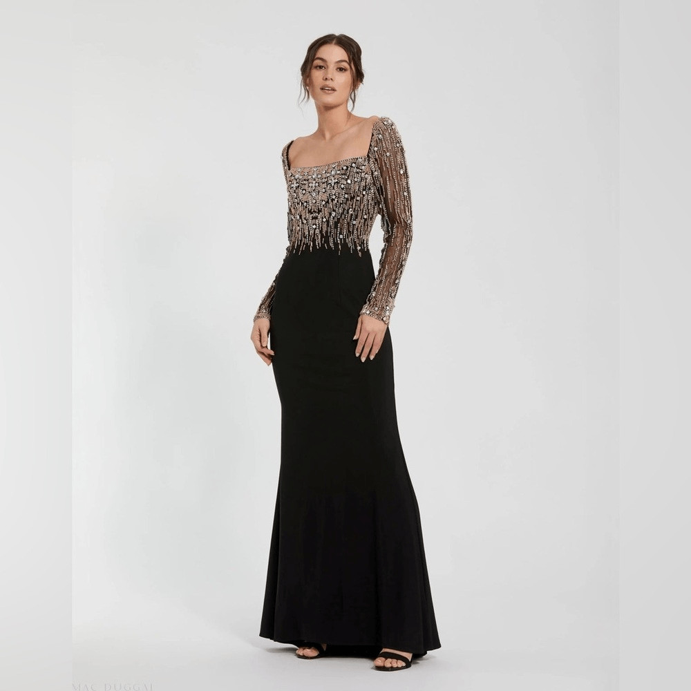 MAC DUGGAL 2256 Black Beaded Square Neck Long Sleeve Jersey Gown Size 8