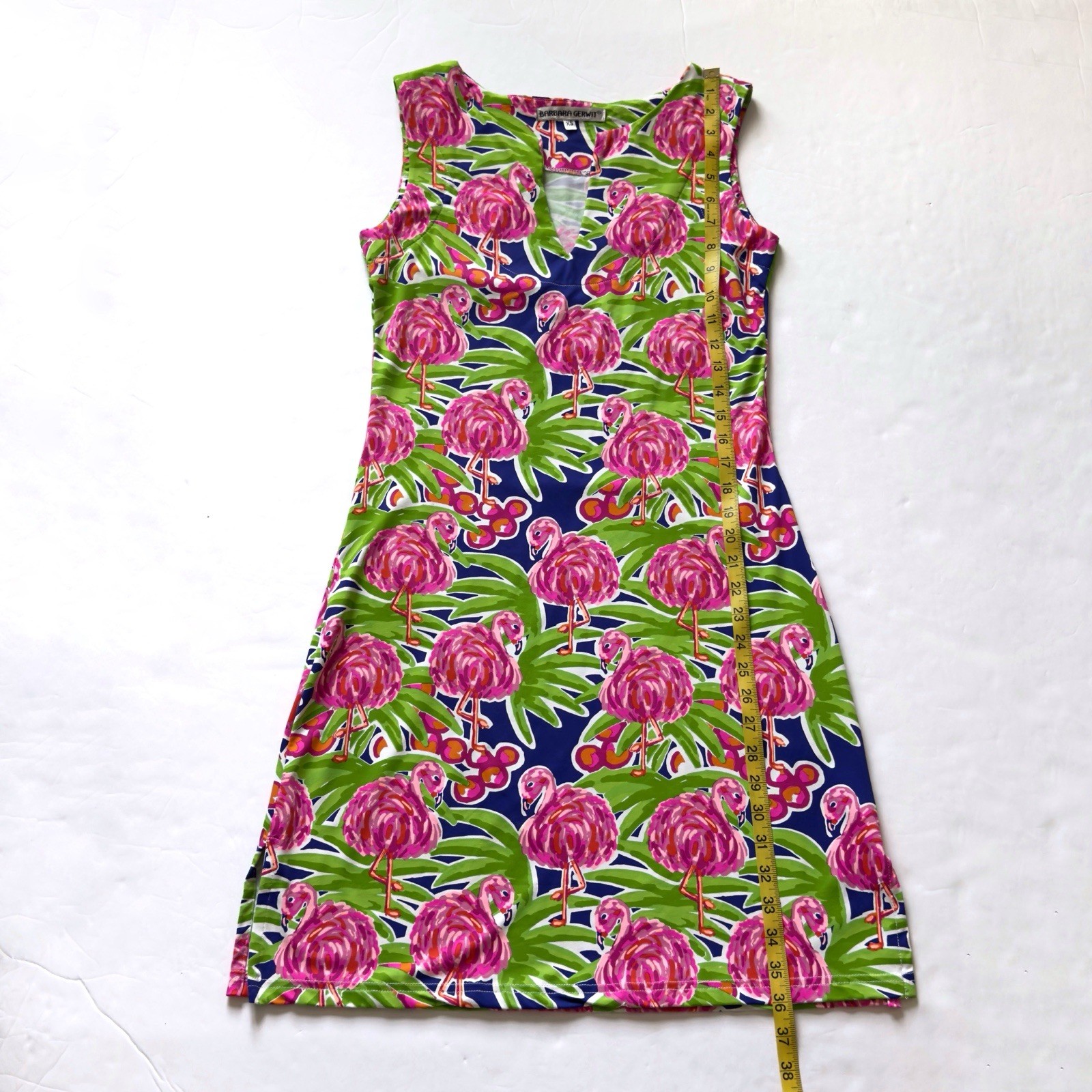 Barbara Gerwit Tropical Flamingo Dress Womens XS Pink Green Vibrant Resortwear