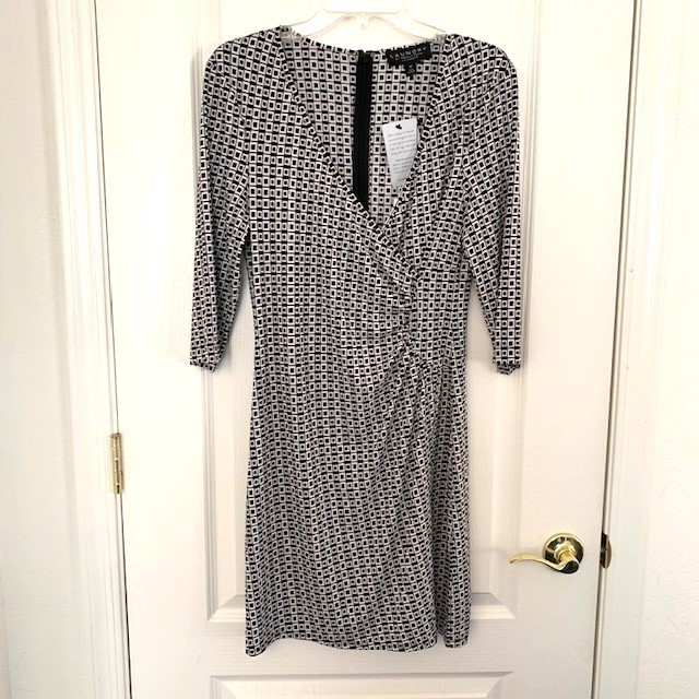 Laundry by Shelli Segal Geometric Jersey Wrap Dress 3/4 Sleeve Black Size Medium