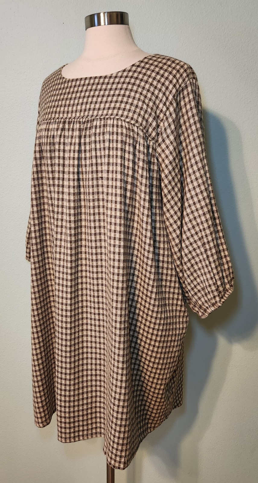 NWT ABLE Brown Gingham Cotton Blend Alyssa Mini Lined Peasant Dress Size XXL