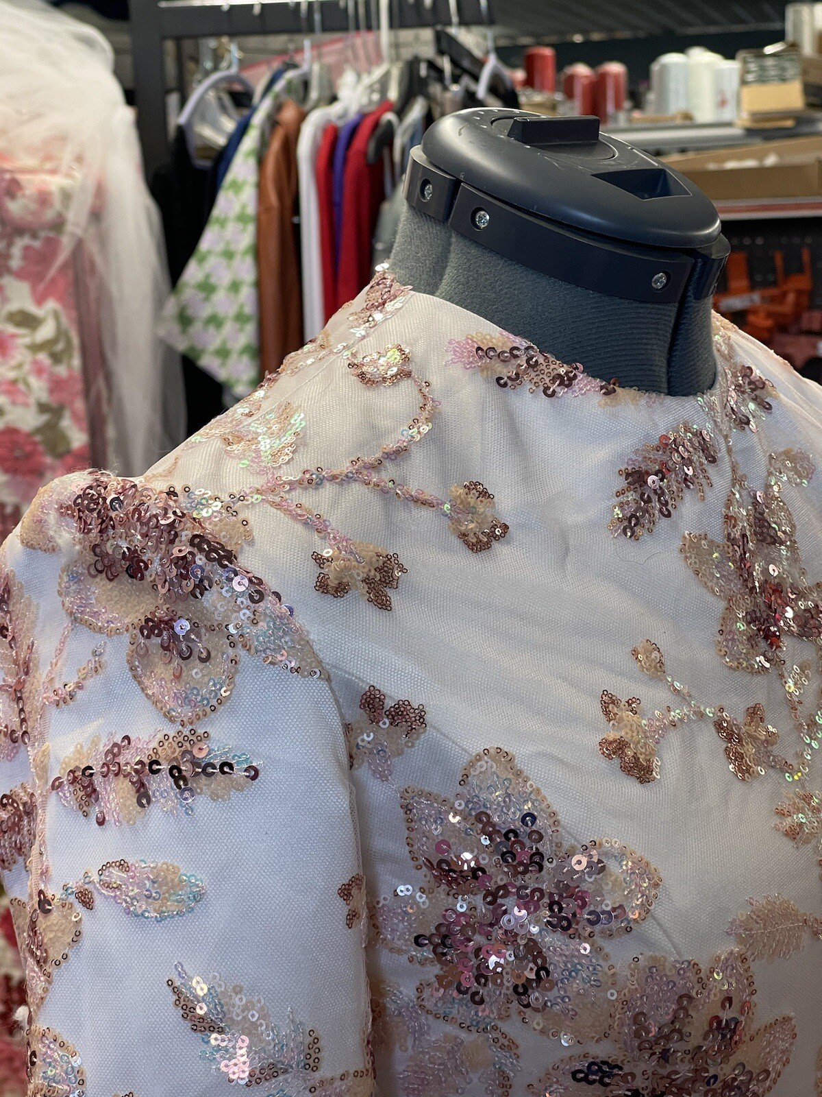 Pink FLORAL Sequence ￼ LONG SLEEVE High Round Neck GOWN Size L, Handmade.