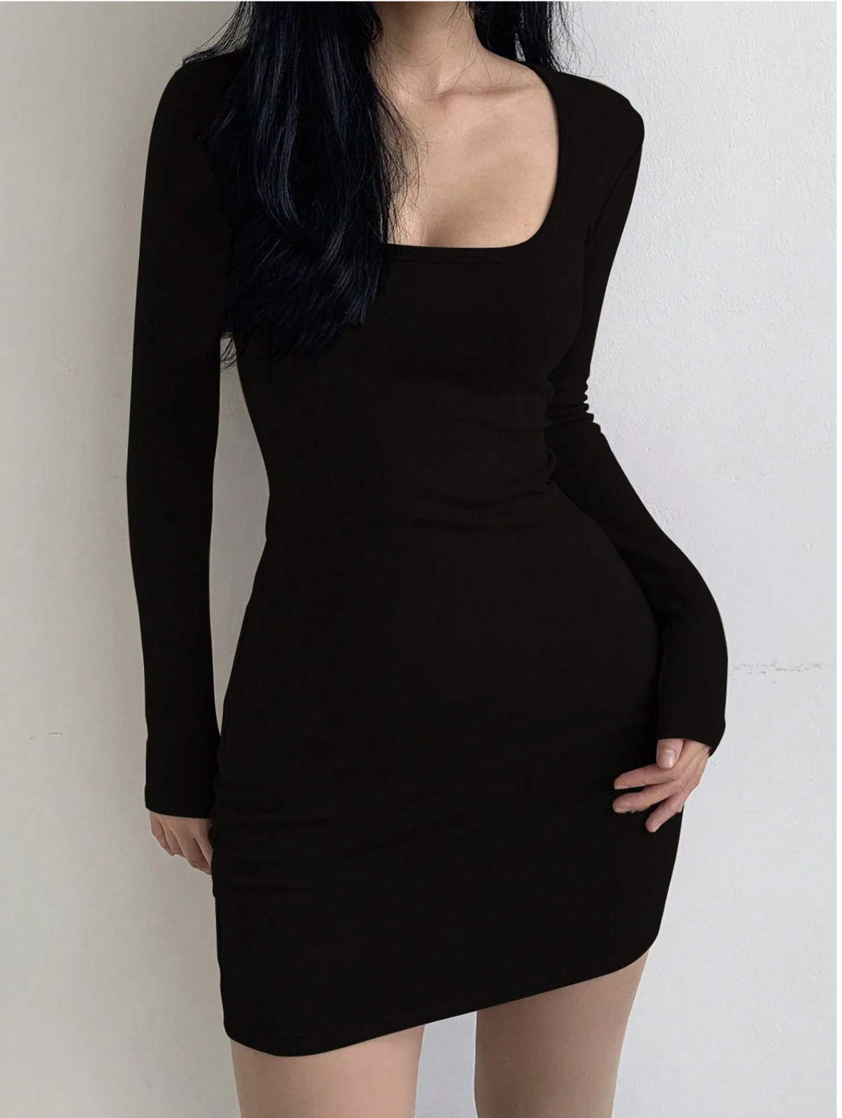 Black DAZY Women Long Sleeve Square Neck Casual Dress For Spring Fall Dress