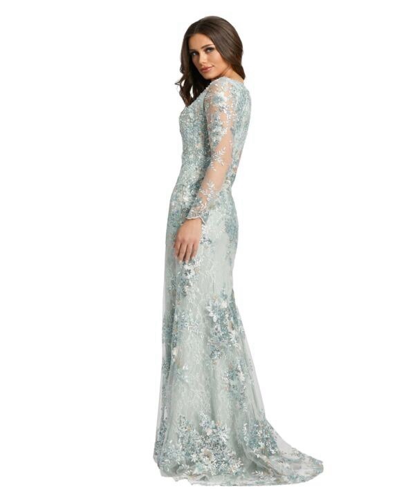 Mac Duggal Floral Embellished V-Neck Illusion Long Sleeve Gown 67539 Seamist 18