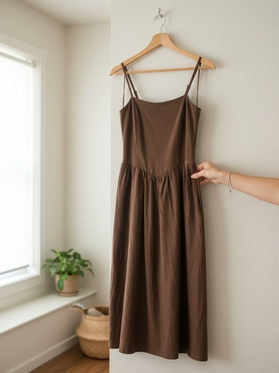 THIRTY THIRTY Brown Midi Dress Size S NWT Drop Waist Spaghetti Strap Sun Small