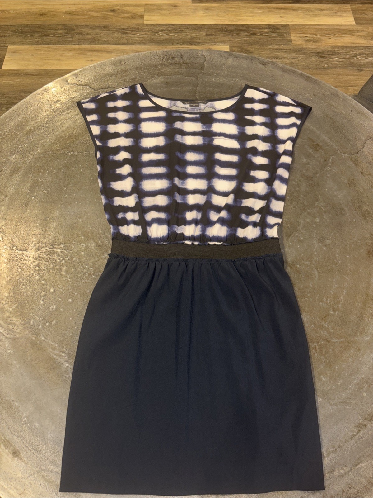 AX Armani Exchange Geometric Print Blue & Black Short Dress Small Elastic Waist