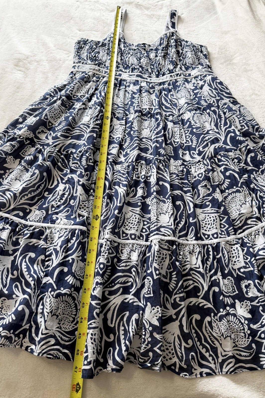 Talbots Size 16 Tiered Fit & Flare Dress Distressed Jacobean Navy White