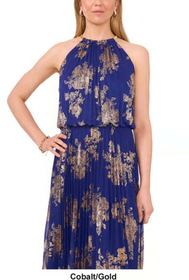 MSK Royal Blue Gold Chiffon Pleated Floral Gown Halter Sleeveless Size 16