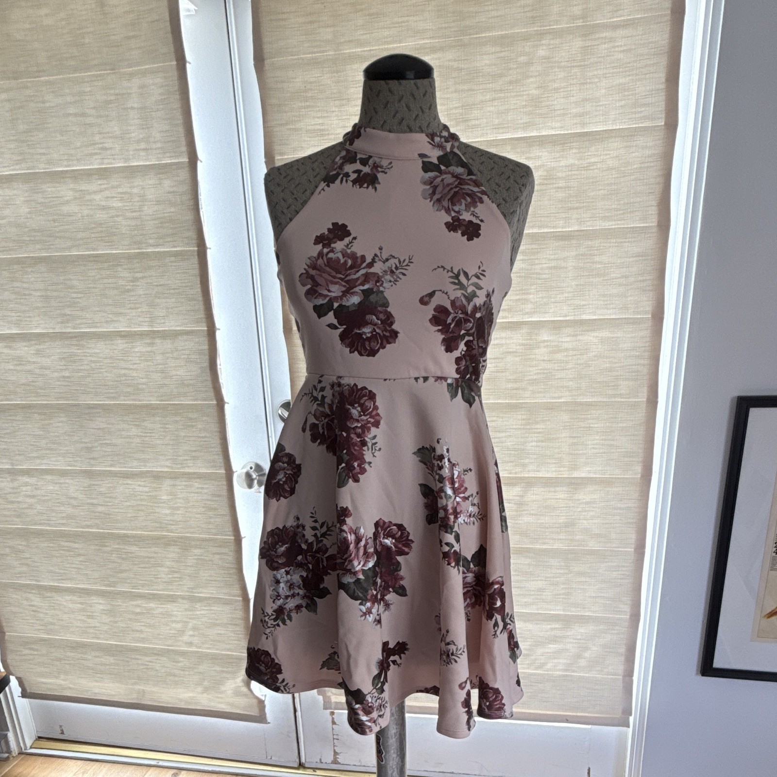 Teens 12 Juniors Pink/Burgundy Floral Halter Fit & Flare Short Dress