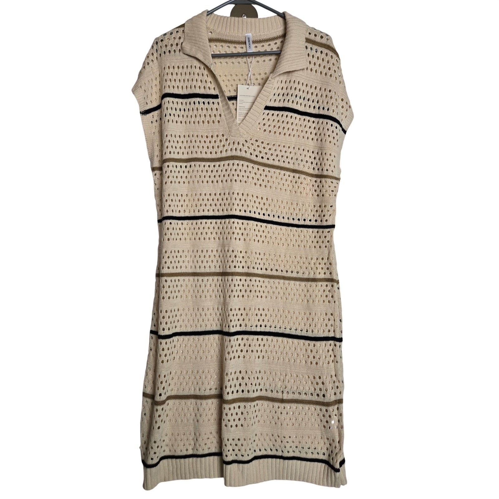 Dokotoo Cream Striped Crochet Knit Sleeveless Polo Neck Beach Cover Up Dress NEW