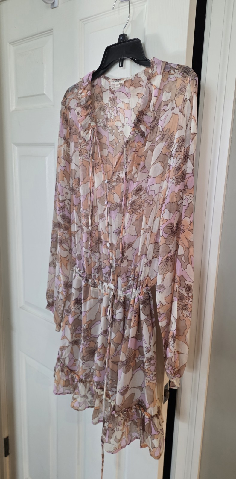 For Love & Lemons Pink Neutral Floral Sheer Mini Drawstring Waist Dress Large