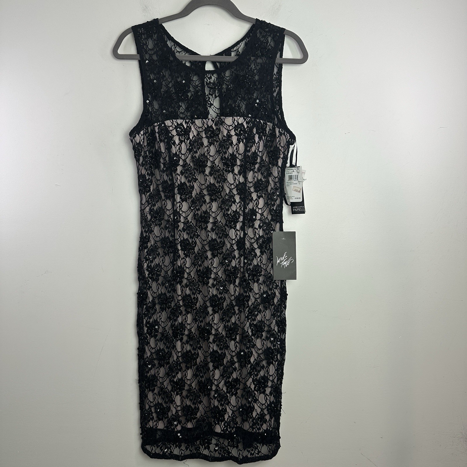 Adrianna Papell Black Evening Dress Sleevless Lace Sequin Midi Sz 12 Goth NWT