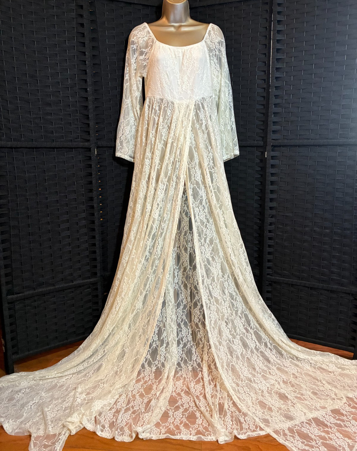 Ivory SHEER LACE MAXI DRESS Tall XL Sweep LONG Gown Whimsy Bridal Fairy Coquette
