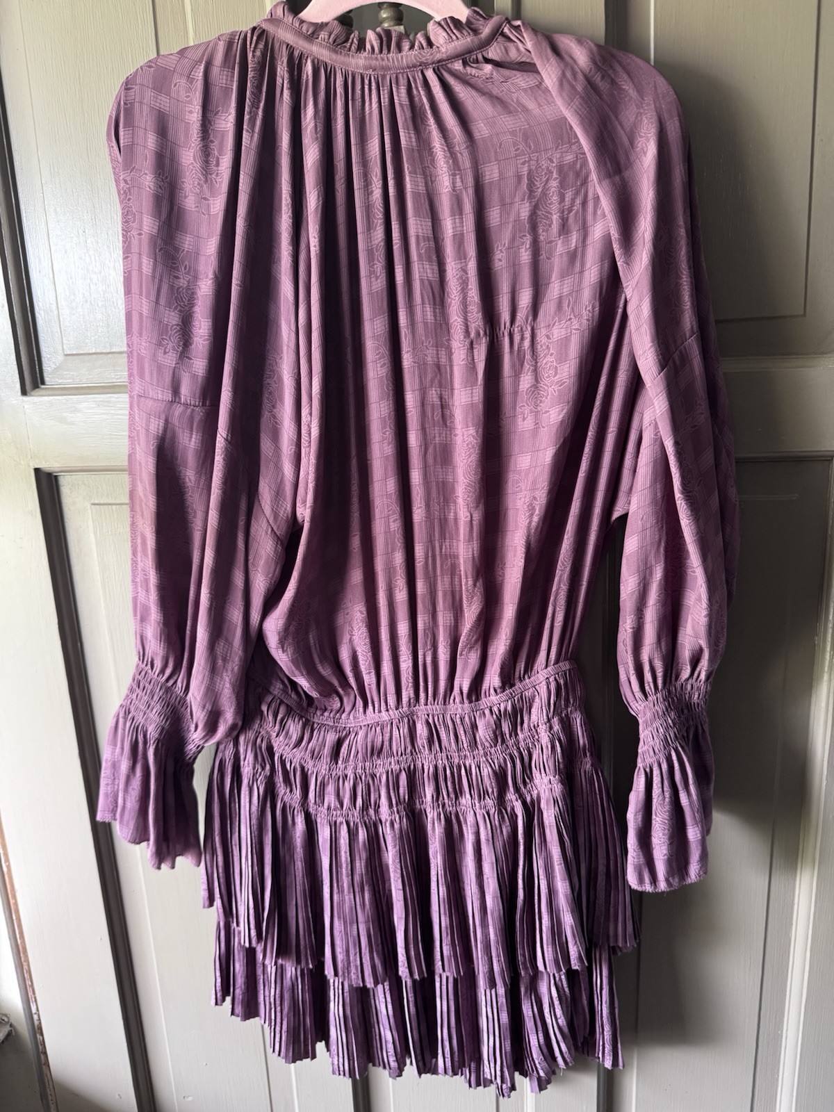 Current Air Tie-neck Pleated Mini Dress Mauve Size S Full Length Sleeves