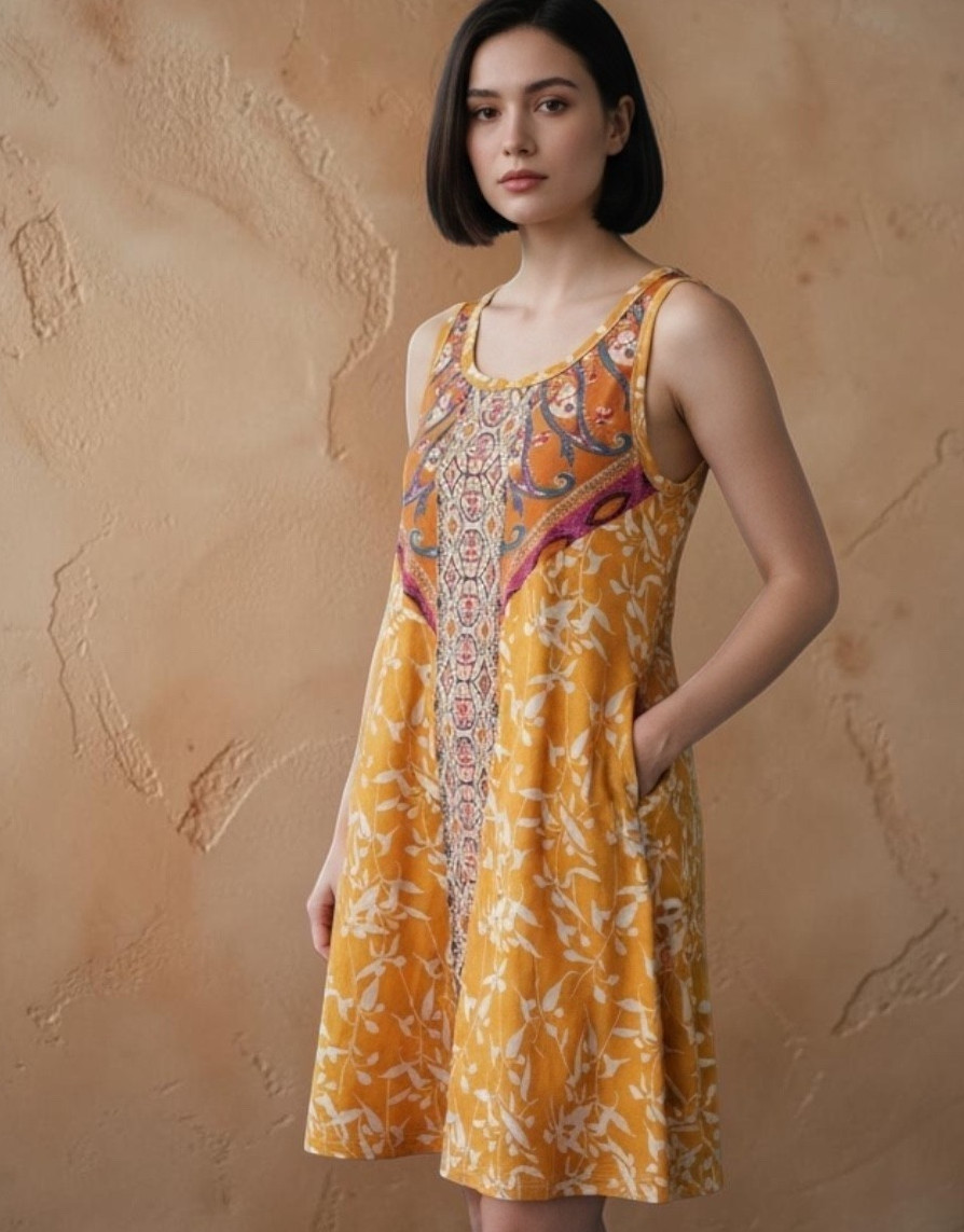 Boho dress Large sleeveless gold, orange w paisley front pattern & pockets