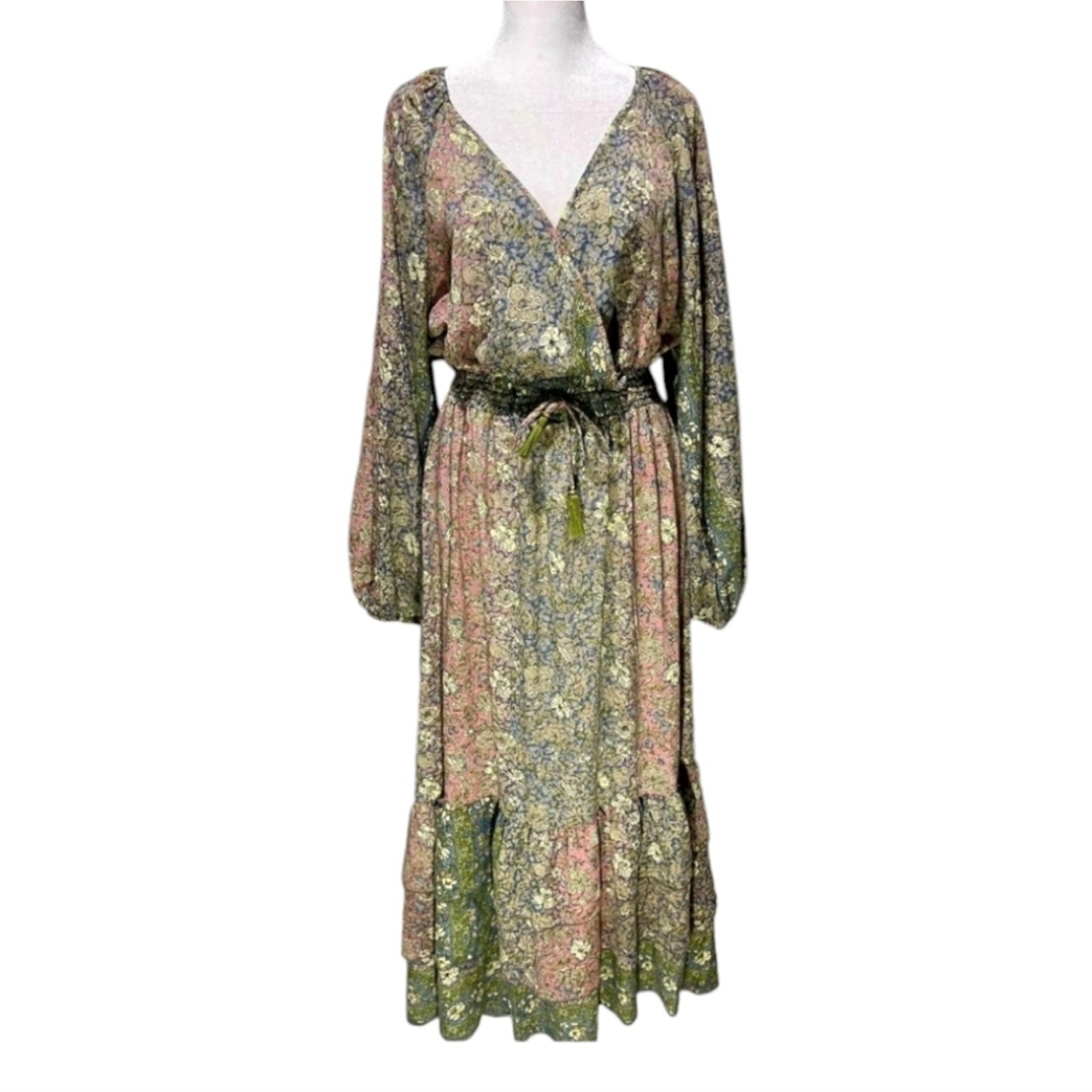 Revolve x boemo Floral Maxi Dress Tiered Ruffle V Neck Smocked Waist Tie Belt 3X