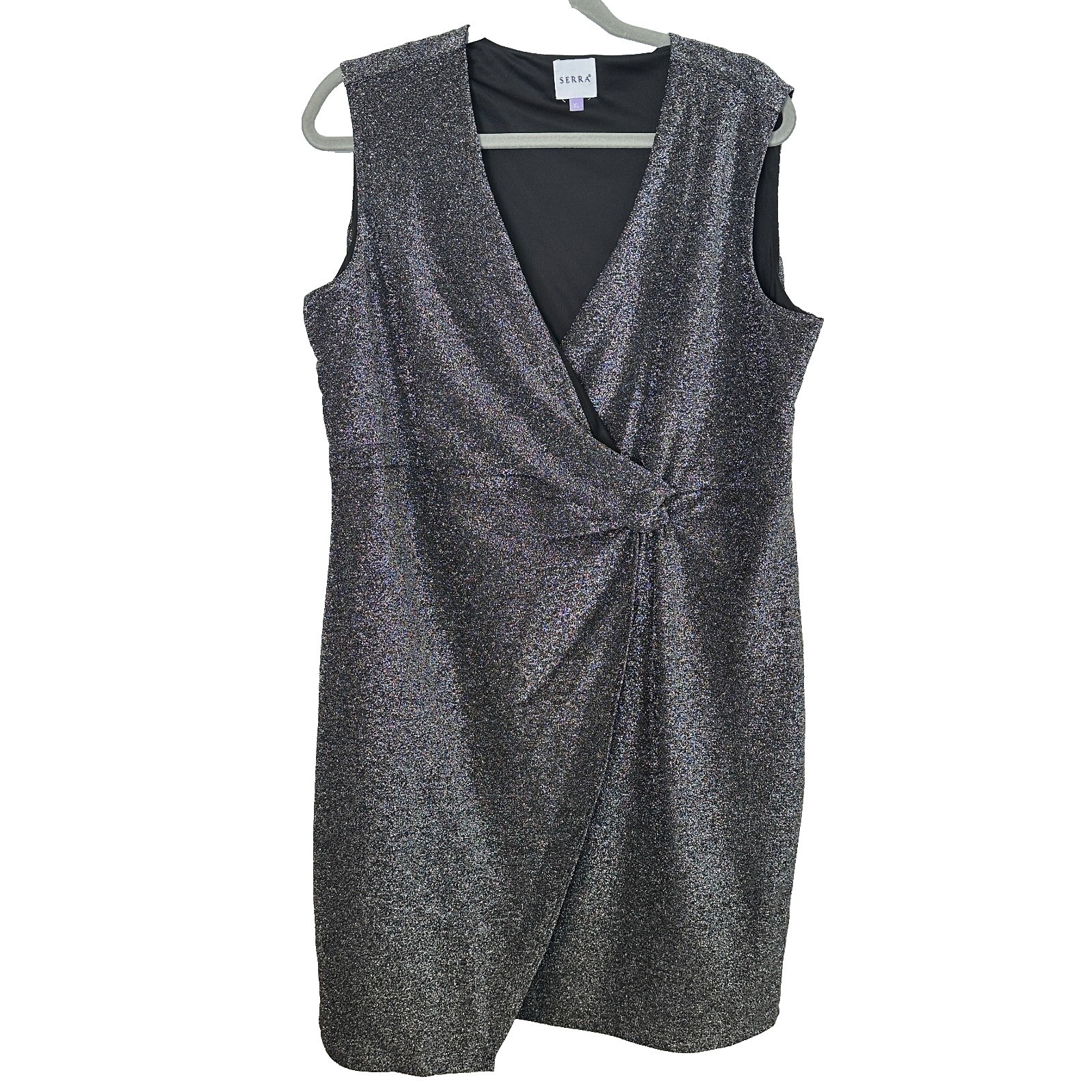 Serra Womens XL Silver Metallic Faux Wrap Sleeveless V-Neck Cocktail Dress