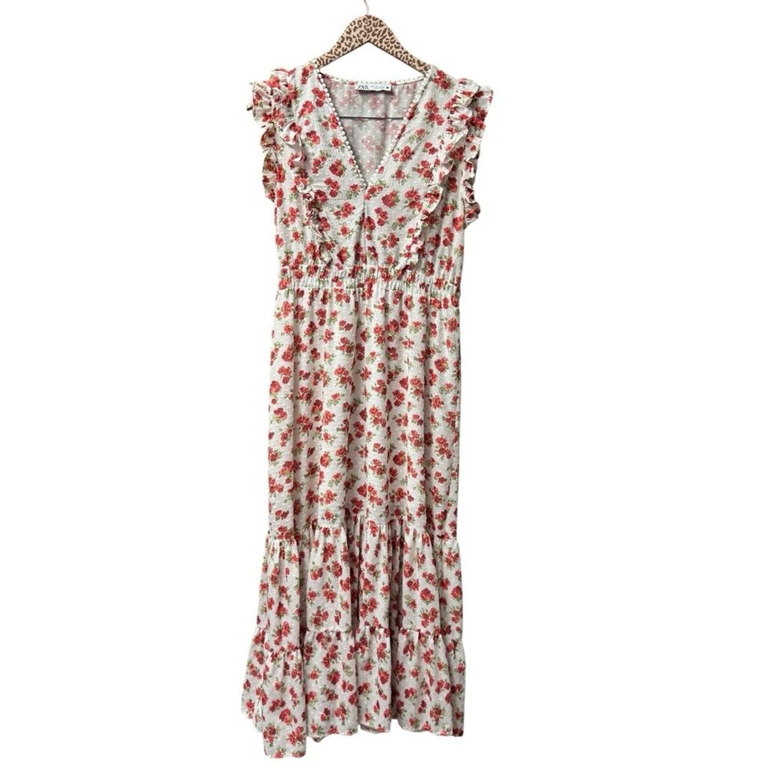 Zara Sleeveless Ruffle Swiss Dot Floral Print Long Midi Dress White Large L