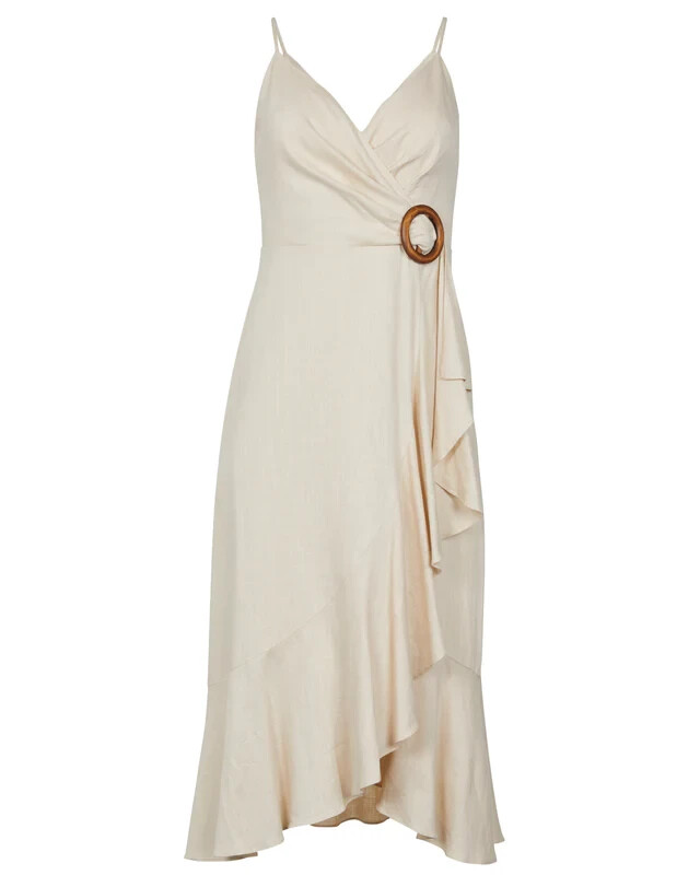 BCBGMAXAZRIA LINEN BLEND “DORIS” RUFFLED MIDI DRESS IN COROZO SIZE 10-$268