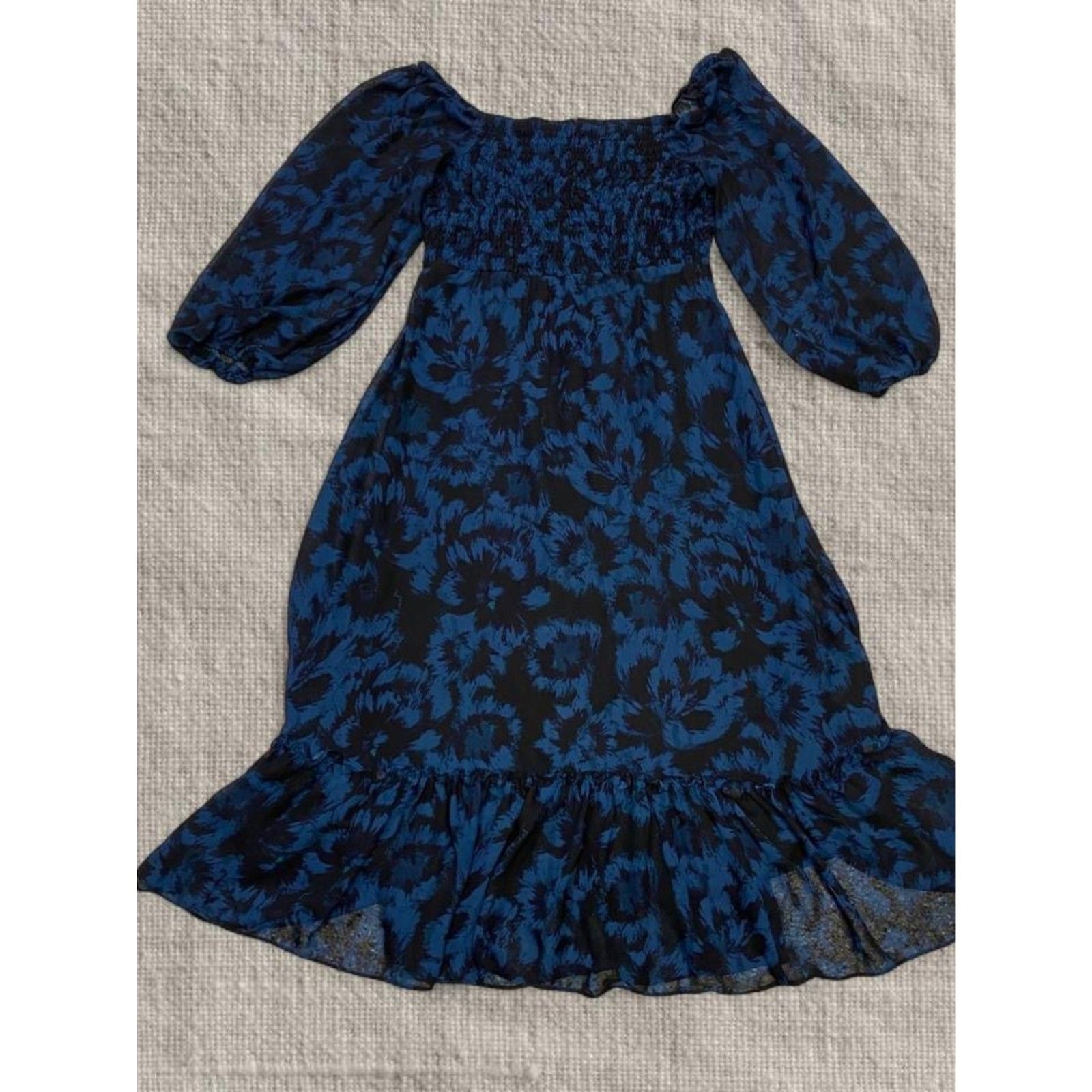 Bohemian Cottagecore Feminine Romantic Black Blue Floral Long Sleeve Maxi Dress