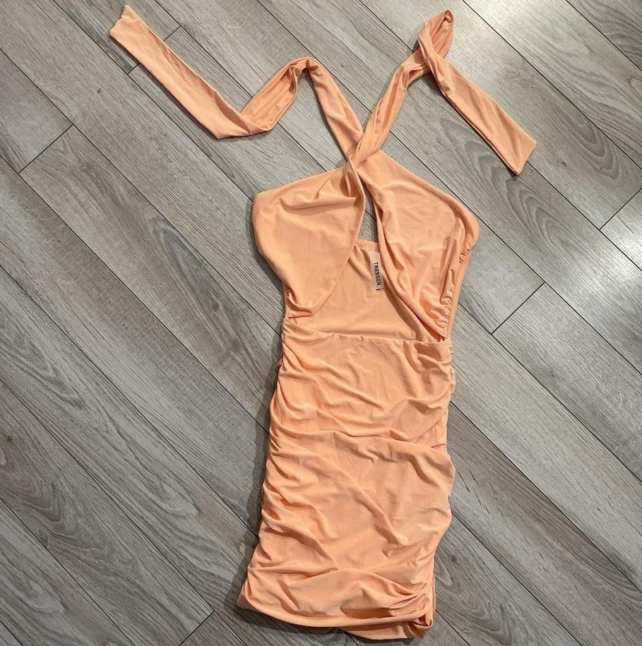 Tresser vintage Y2K orange cream, backless halter dress size Small