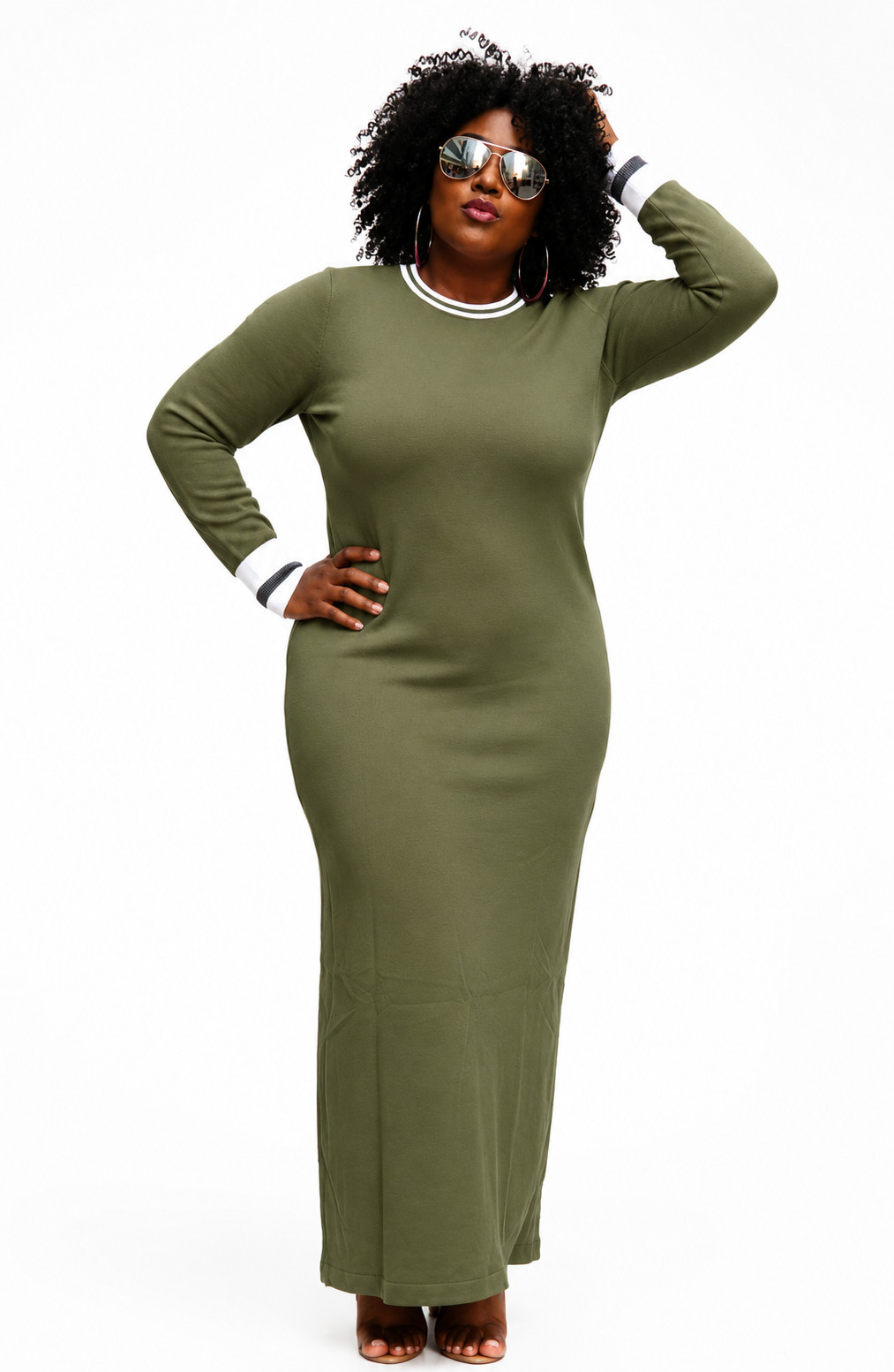 Green knitted long-sleeve Dress Women bodycon Dress