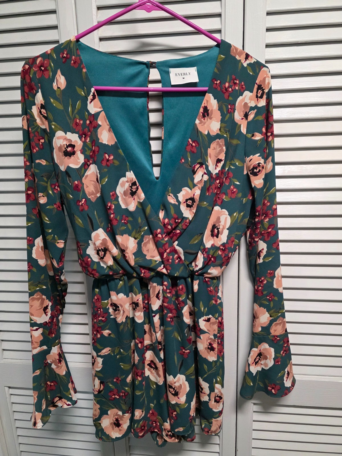Everly Green Floral Print Long Sleeve Romper
