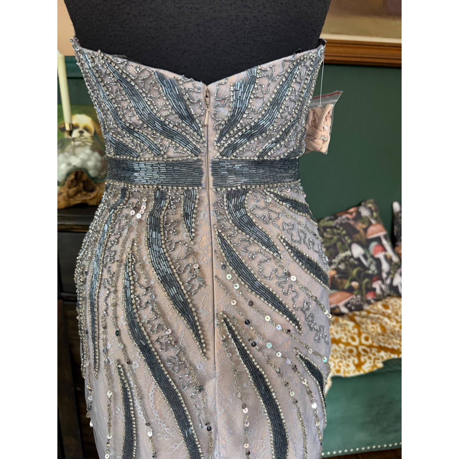 Milano Formals Strapless Beaded Sequin Lace Mini Dress Silver Grey Sweetheart
