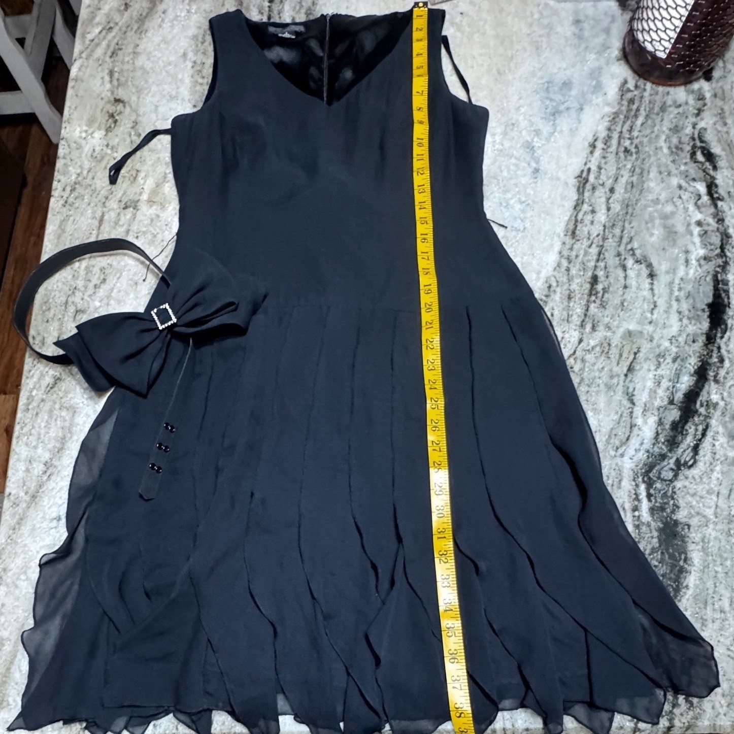 Michelle Antonelli Silk Cocktail Dress Womens 6 Layered Flounce Black Bow Belt