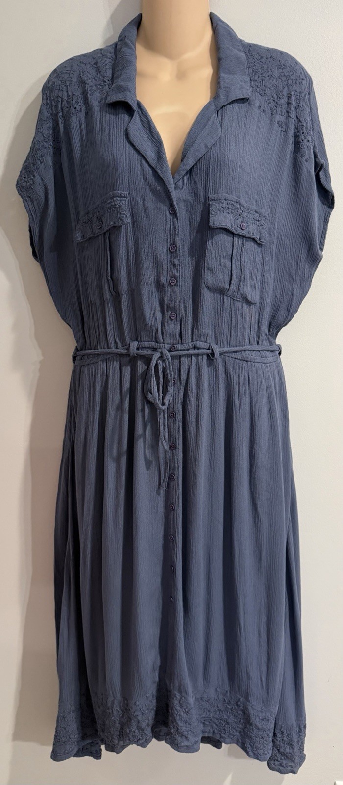 Sundance Carefree Style blue Gauze Shirt Embroidered Eyelet Midi Dress size M