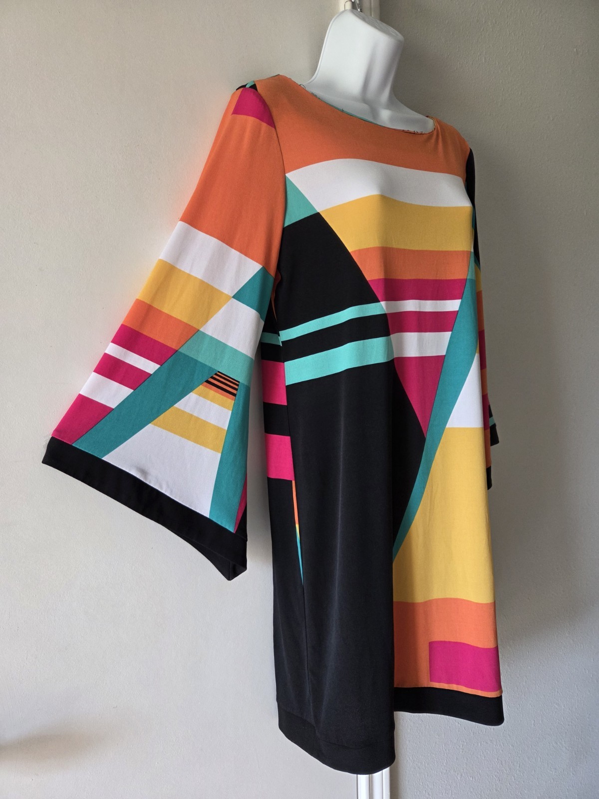 Y2K Emma & Michele Multicolor Geometric Jersey Shift Dress | M | Boat Neck 3/4