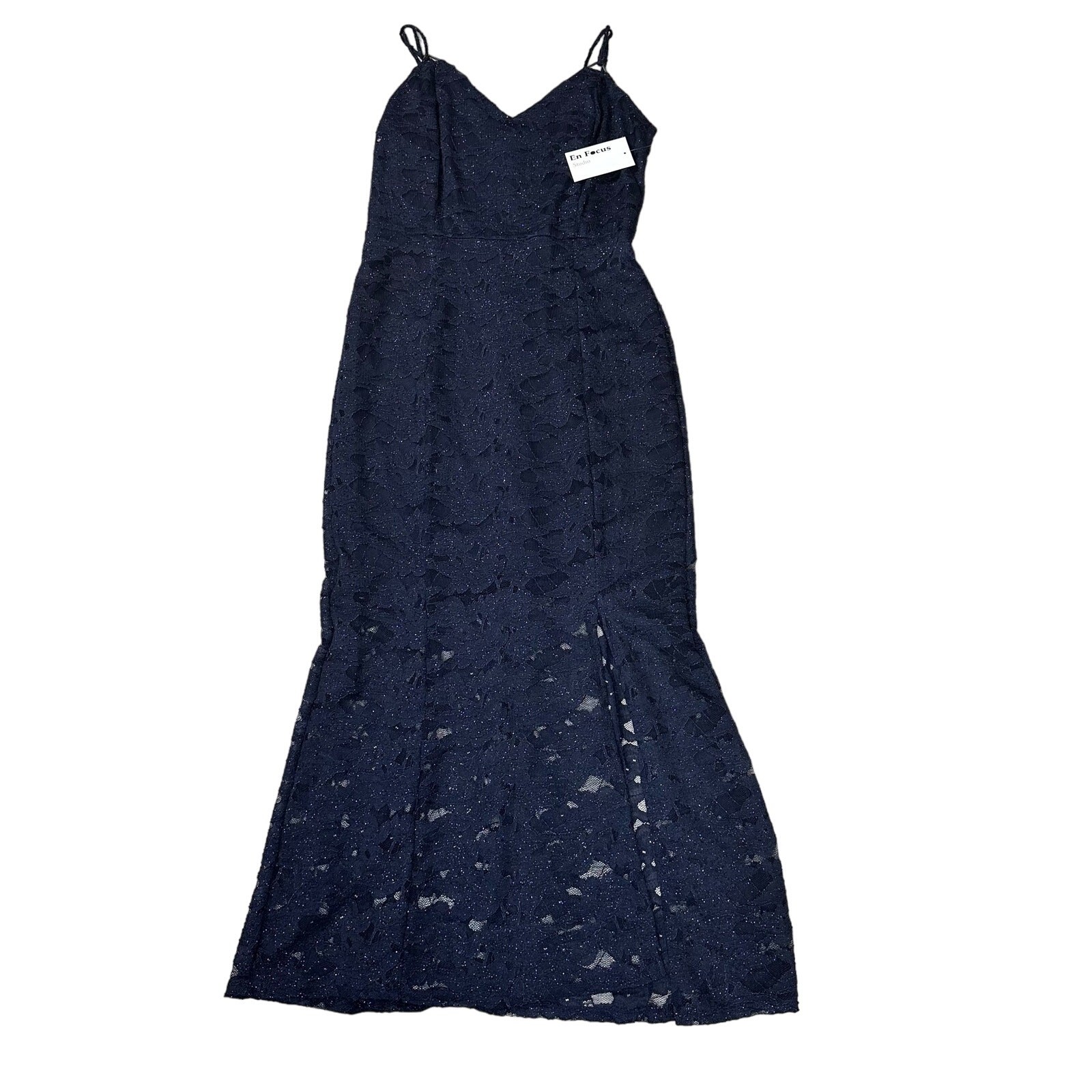 EnFocus Navy Blue Lace Maxi Dress Womens 12 VNeck Sleeveless Lined Side Slit Zip