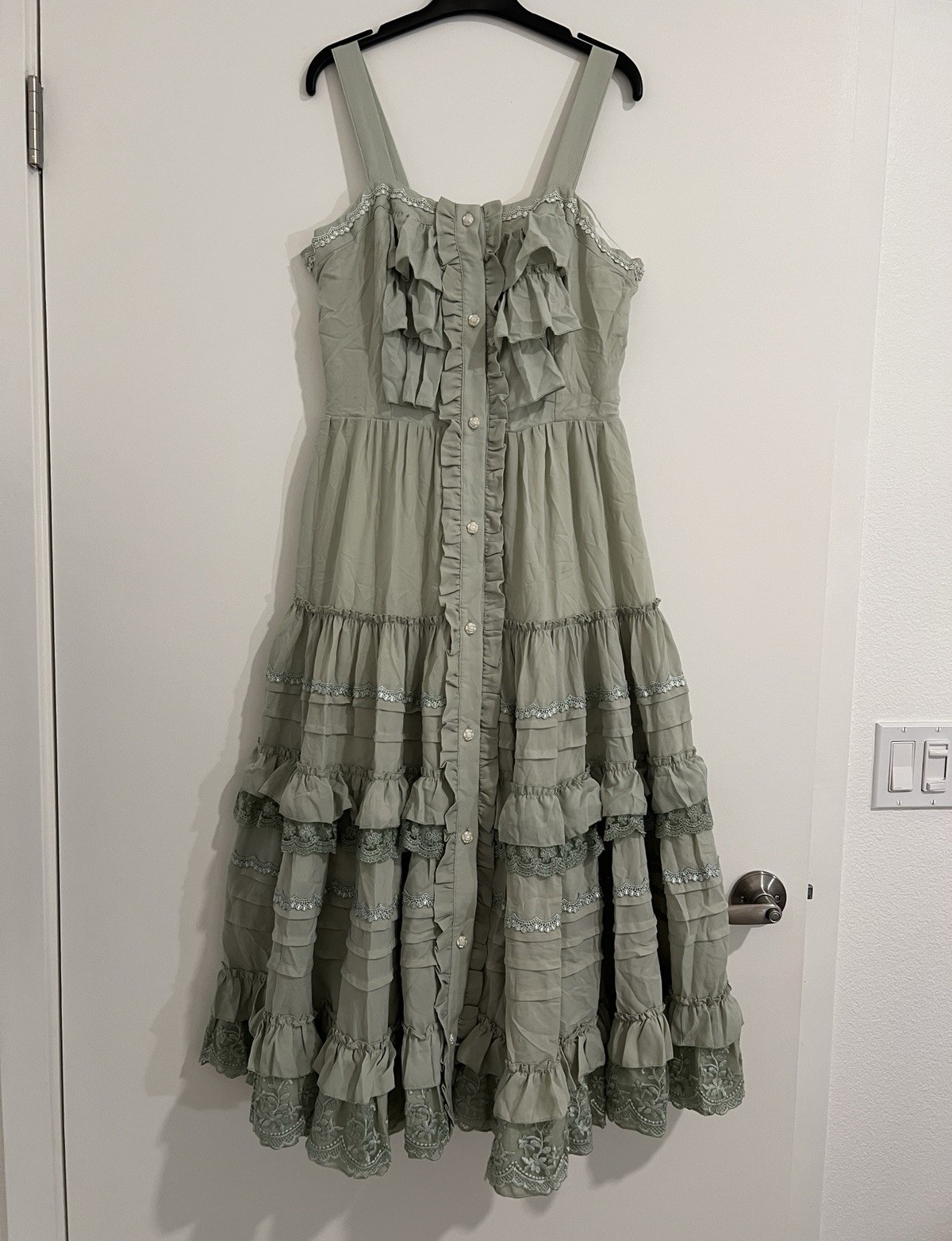 Sweetened Lolita Green Solid Sundress Square Neck Button Ruffle Lace Midi L/XL