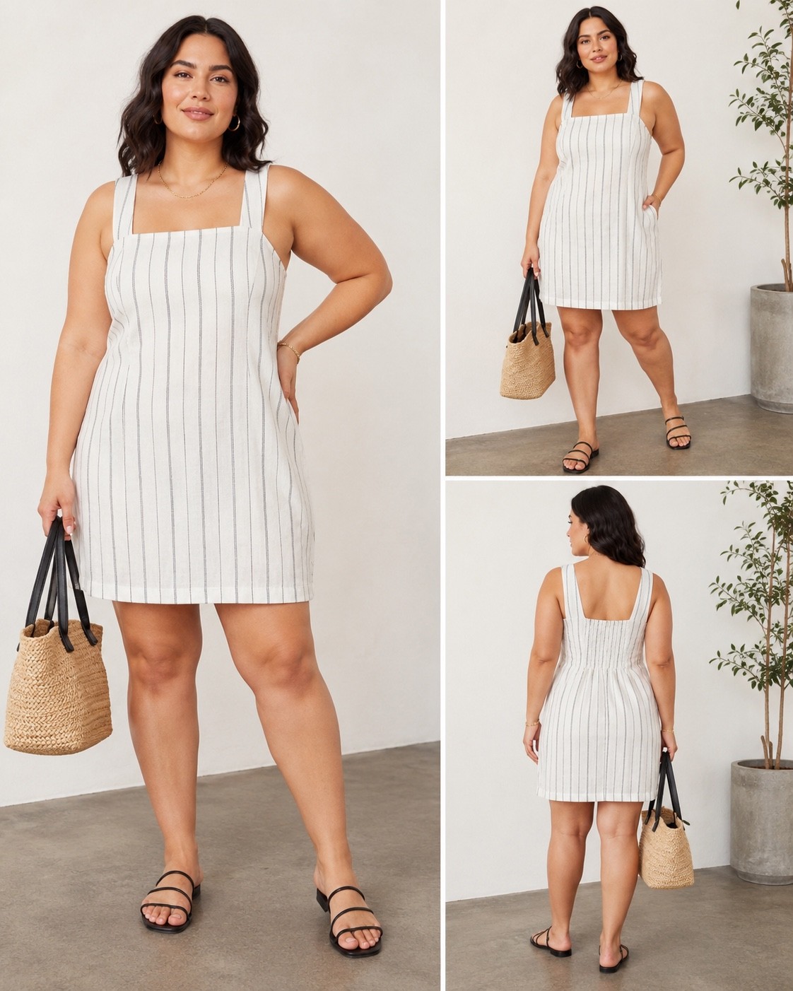 Old Navy Square Neck Linen Blend Dress 2X Neutral Stripe NWT Sheath Smocked
