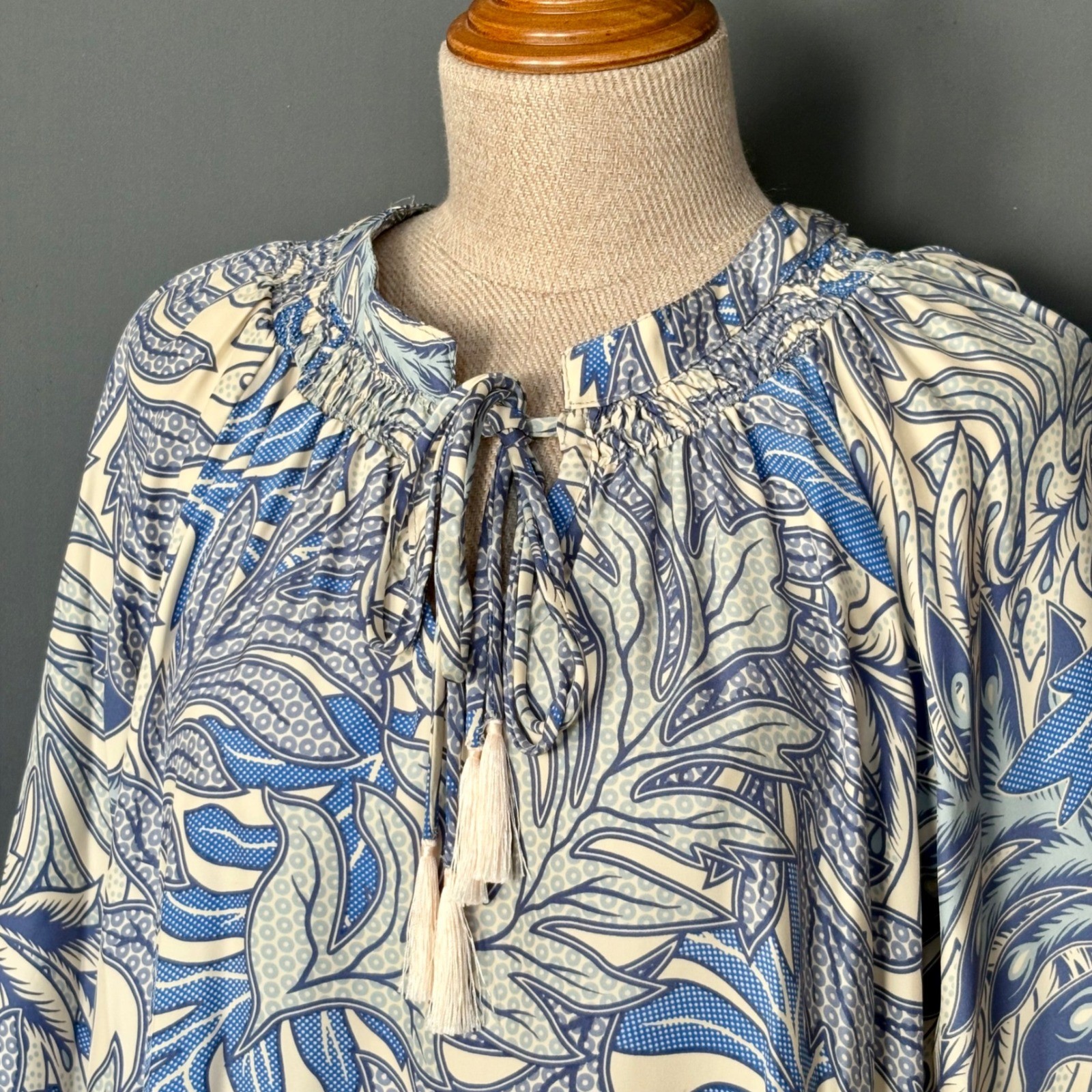 Natalie Martin Silk Batik Mini Dress | Size XS | Blue Boho Tassel Tie Floral
