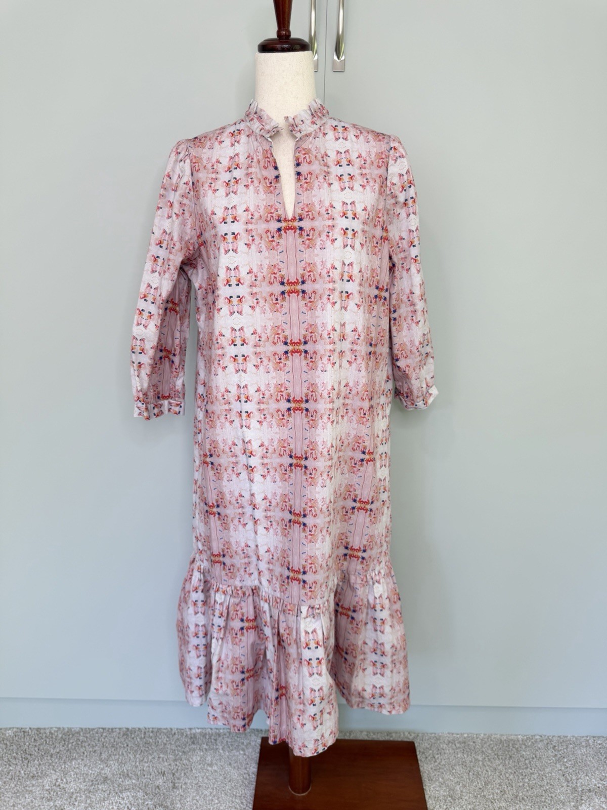 BROOKE WRIGHT DESIGNS 3/4 Sleeve Kaftan Midi Dress Ink Blot Peach Print Sz Large