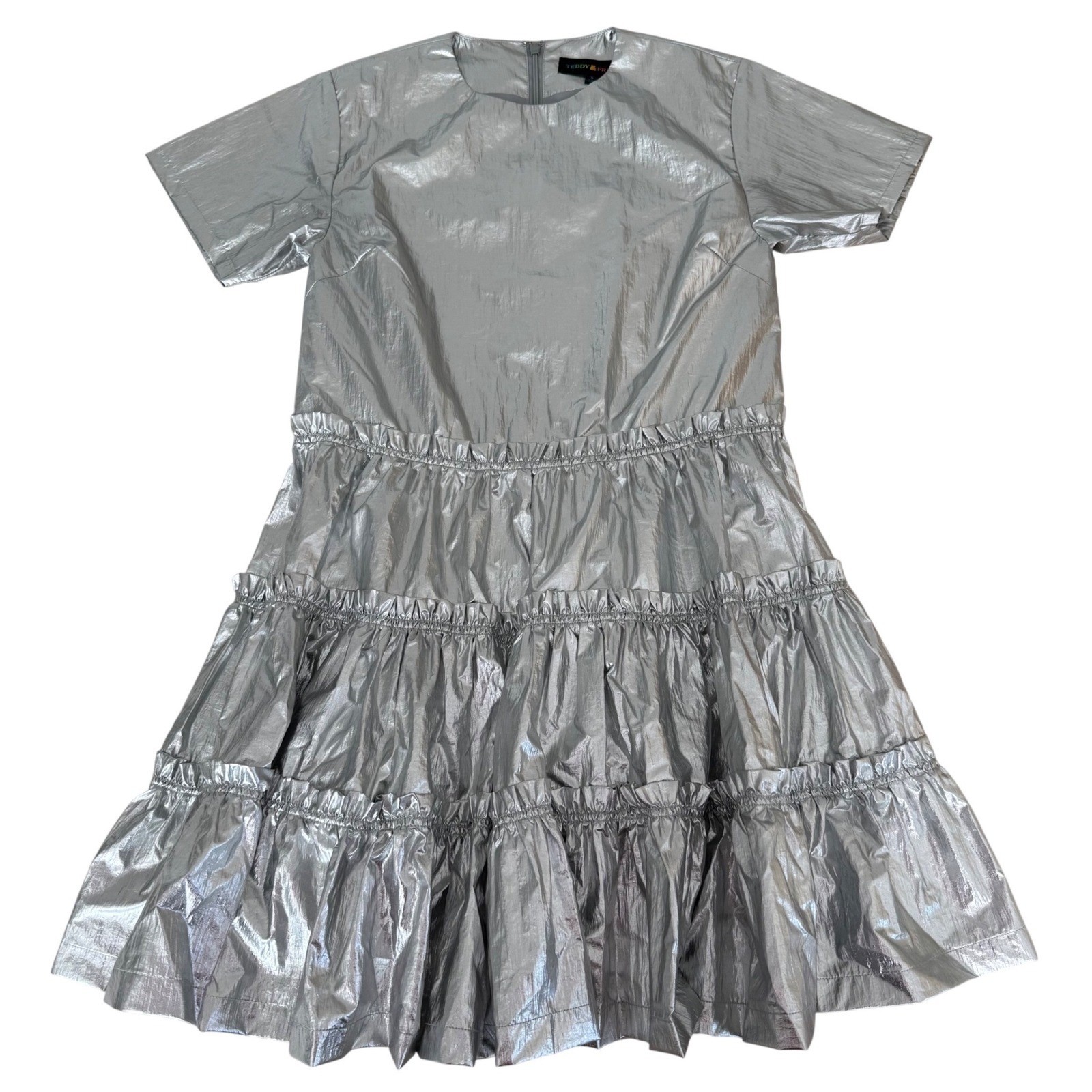 Teddy Fresh Silver Linings Prom Dress Metallic Foil Tiered Mini size Small