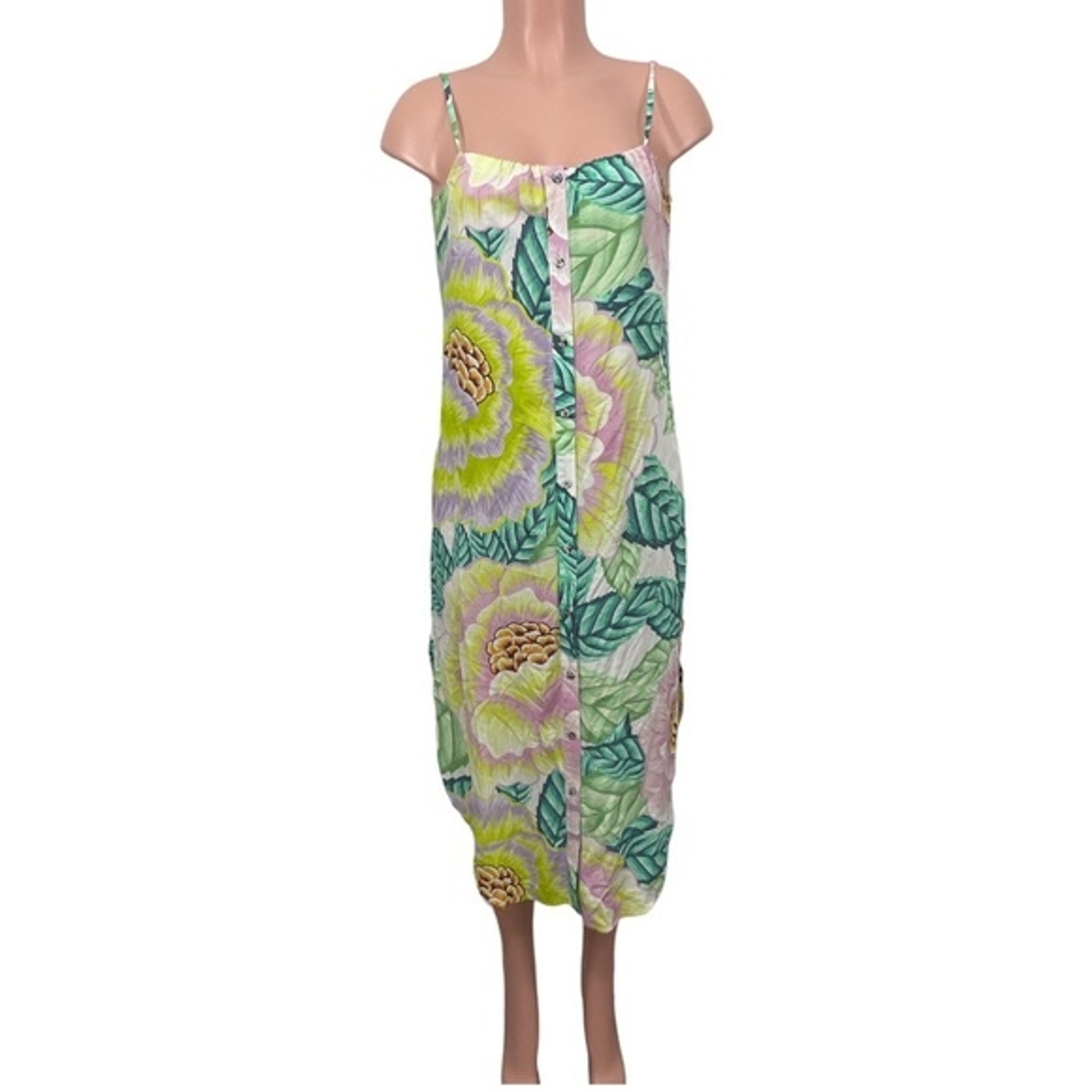 Mara Hoffman Floral Cami Strap Midi Dress Size SMALL Button Up Front