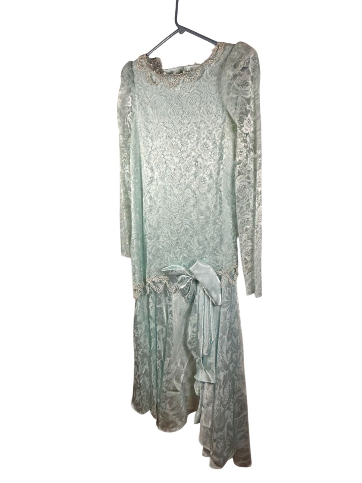 After Dark Dress Mint Green Lace Bow Beaded Size 5/6 USA Made Coquette Glam