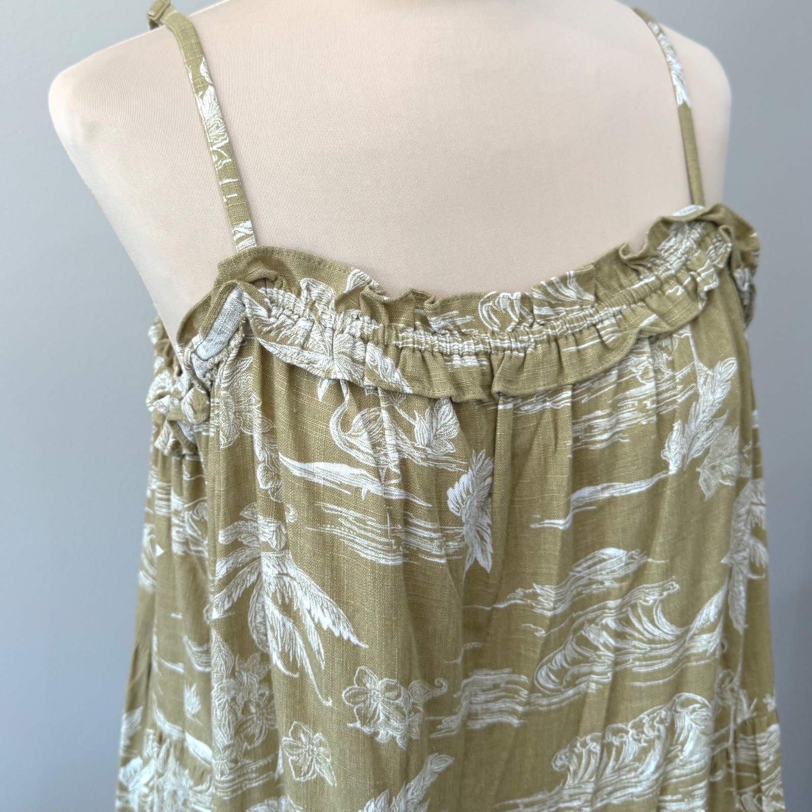 a.n.a. Linen Blend Tropical Midi Dress XXL Palm Print Ruffle Beach Coastal