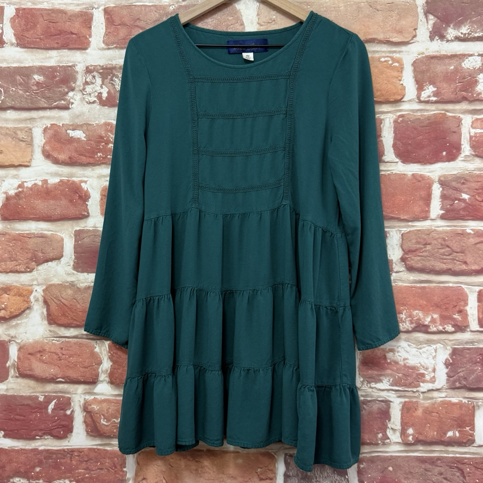Francescas Blue Rain Dress Womens Medium Green Floral Lace Accent Back Popover