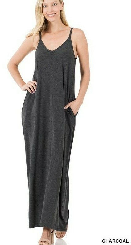 Zenana Cami Maxi Dress Adjustable Straps Loose Fit Side Pocket 1X 2X 3X