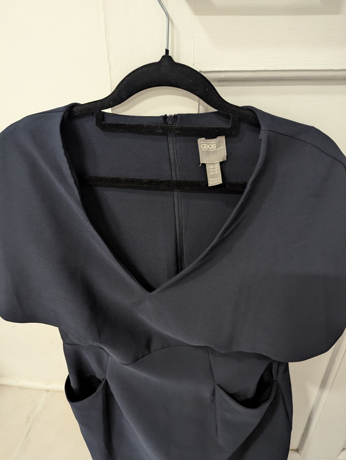ASOS Navy Cape Sleeve Tulip Dress with Pockets Size 10