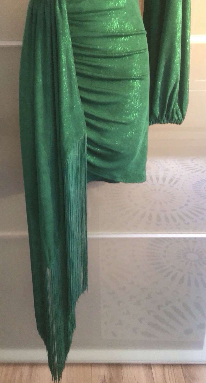 NADINE MERABI ONE SHOULDER MINI DRESS WITH FRINGE DITAIL NIKKI GREEN DRESS S/M