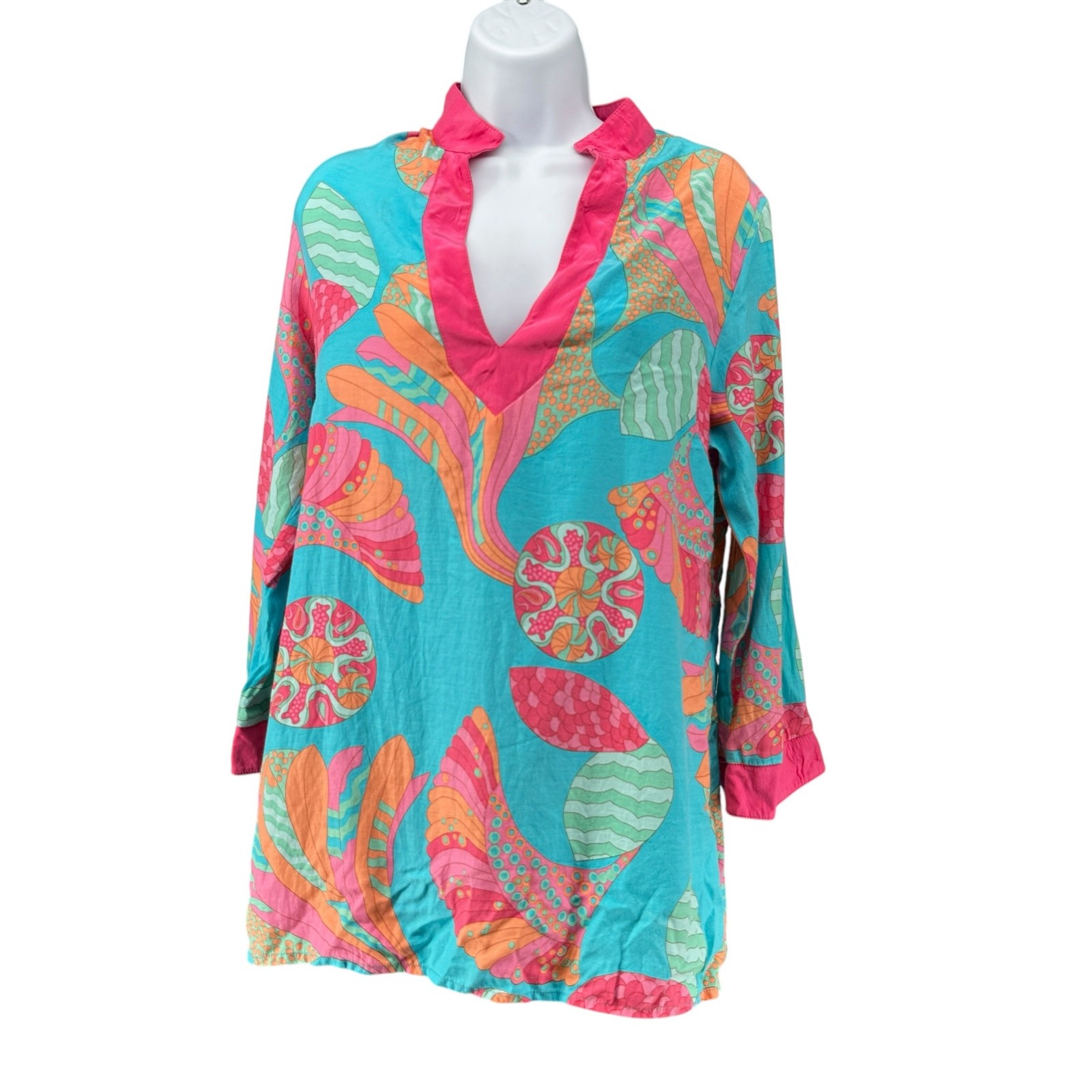 Britt Ryan Mini Dress Silk Blend Bright Pink Blue Tropical V-Neck Beach Medium