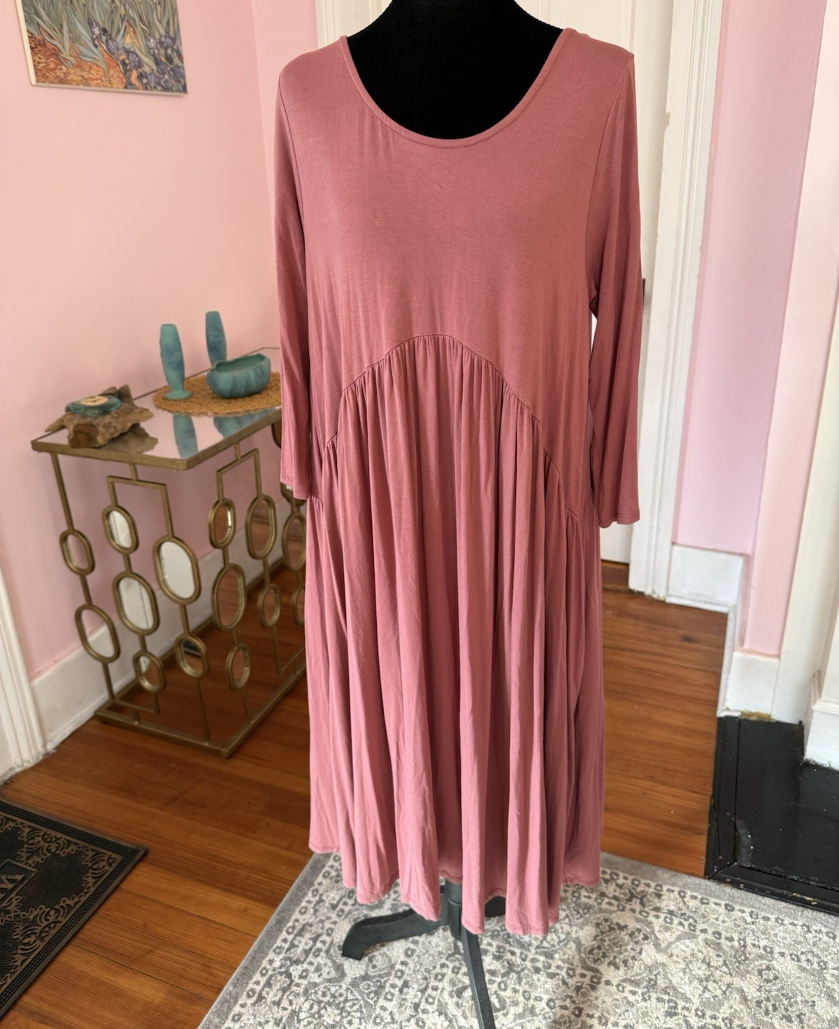 Agnes & Dora Pink Solid Knit A-Line Dress Scoop Neck 3/4 Sleeve Midi L