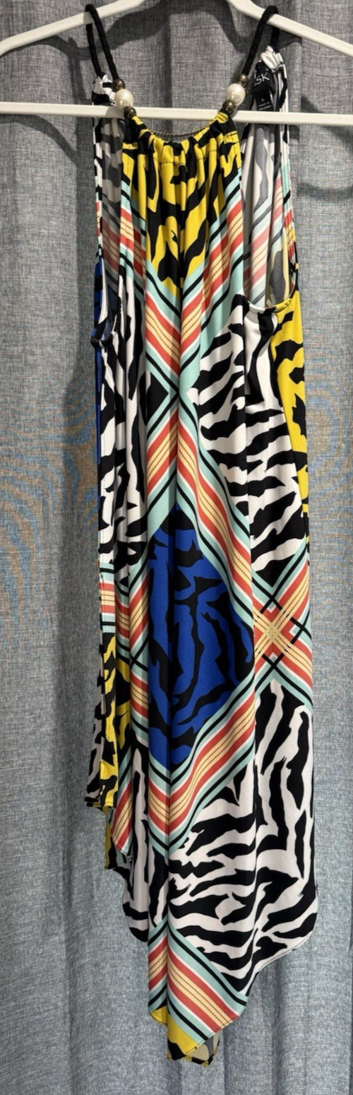 MSK Handkerchief Dress Size Large Beads Chain Sleeveless Stretch Zebra Slit Flow